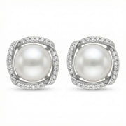Pearl Studs with Pavé Accent Halo – pearl earrings, front view