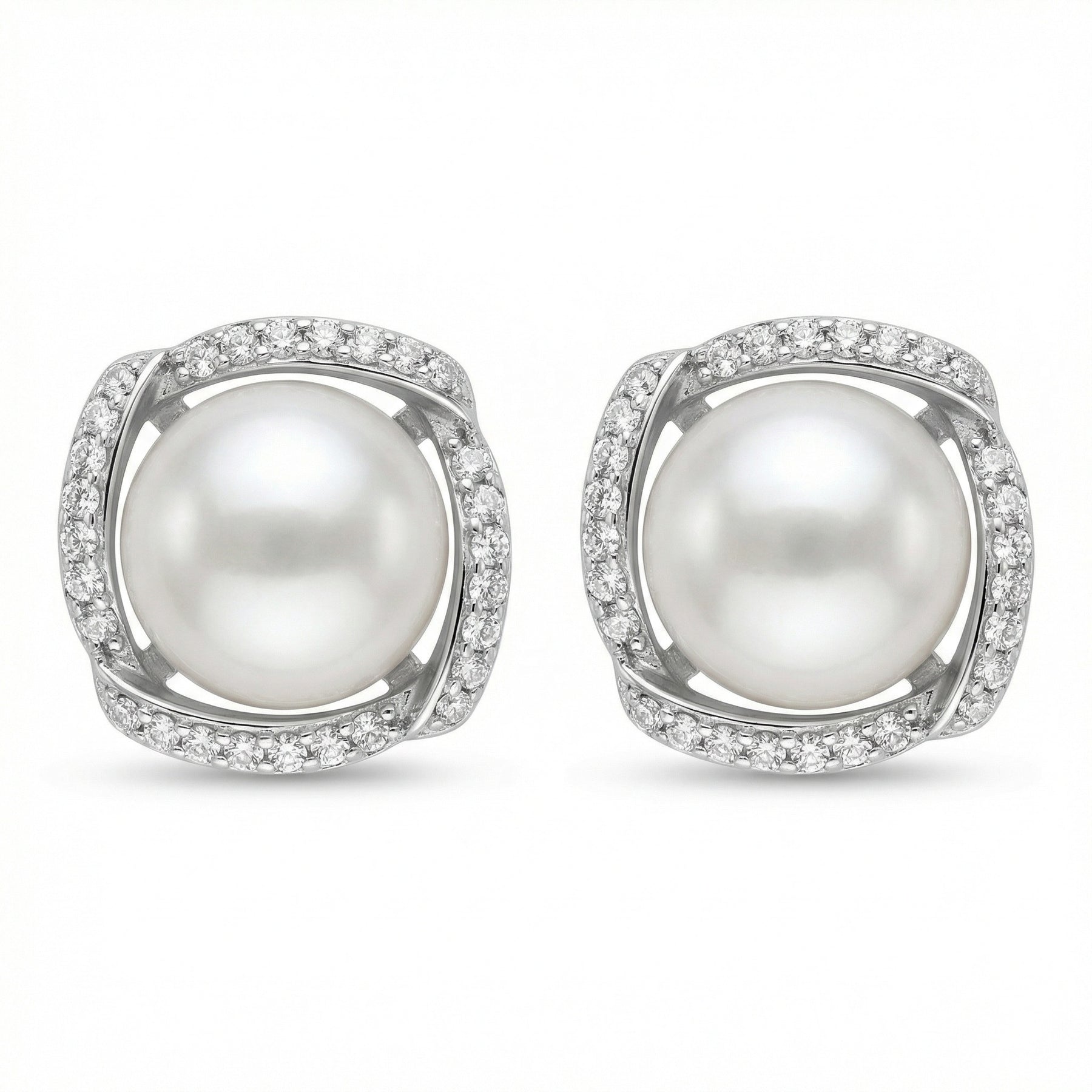 Pearl Studs with Pavé Accent Halo – pearl earrings, front view