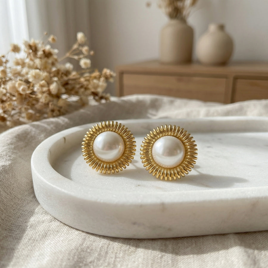 Pearl Sunburst Stud Earrings – pearl earrings, close-up