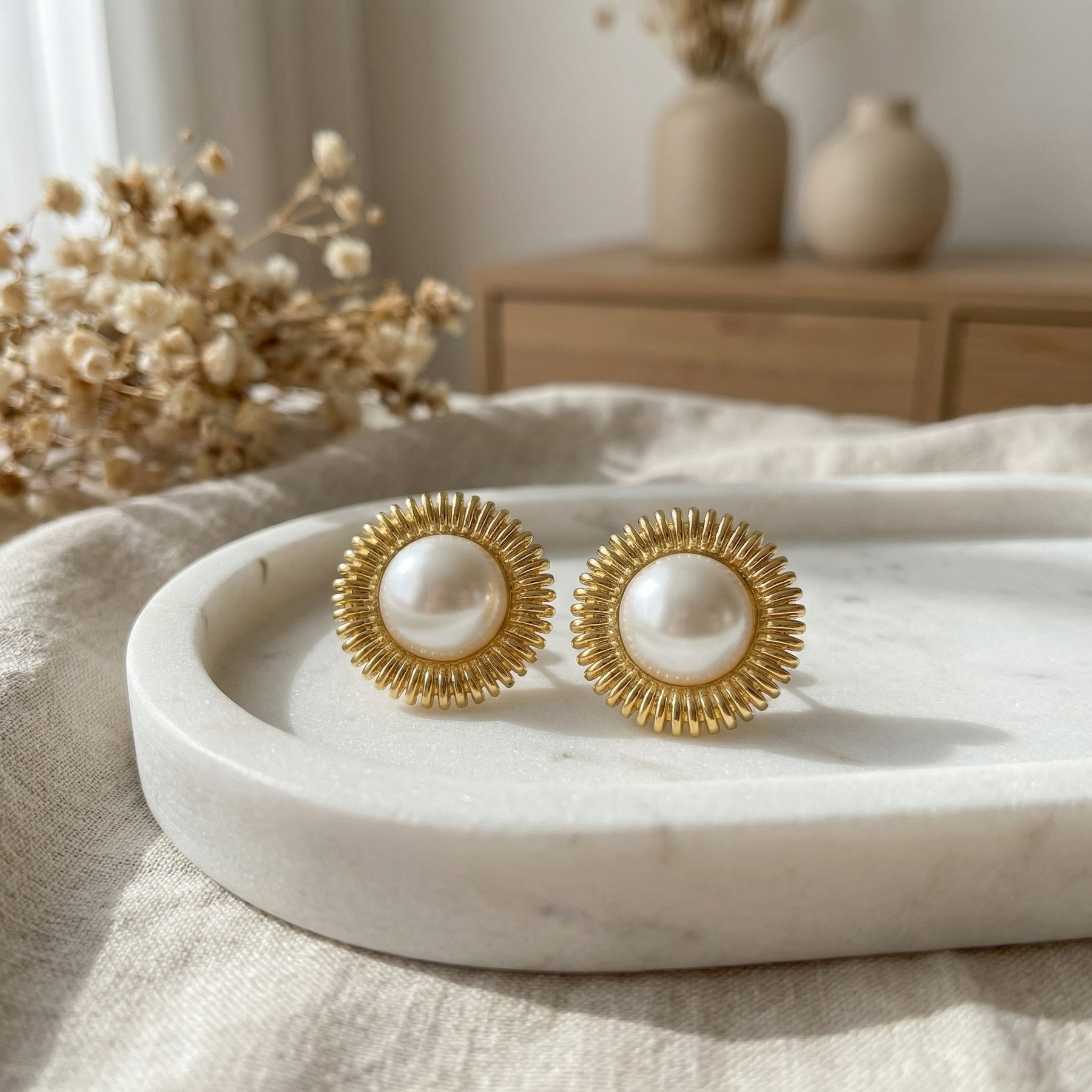 Pearl Sunburst Stud Earrings – pearl earrings, close-up
