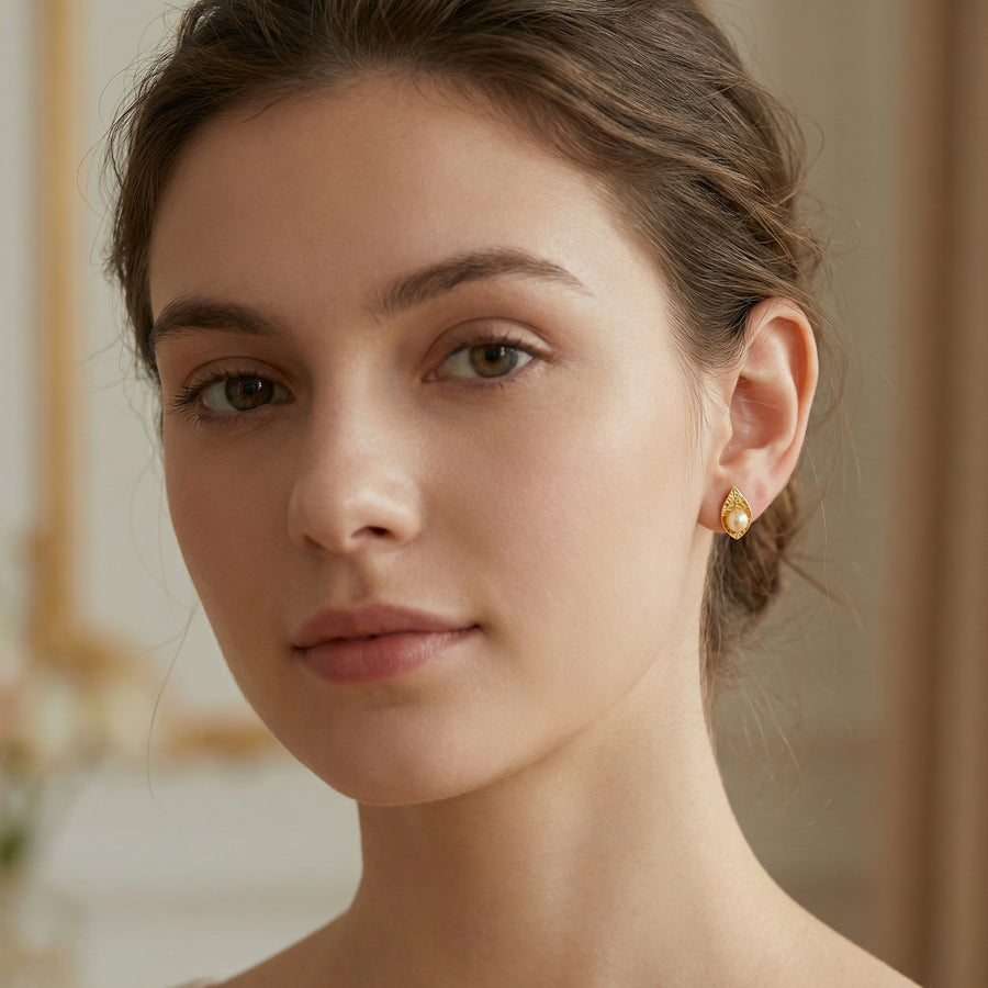 Nature-Inspired Teardrop Pearl Studs – pearl earrings, front view