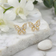 Butterfly Studs, Baguette and Round Cuts – sterling silver earrings, close-up