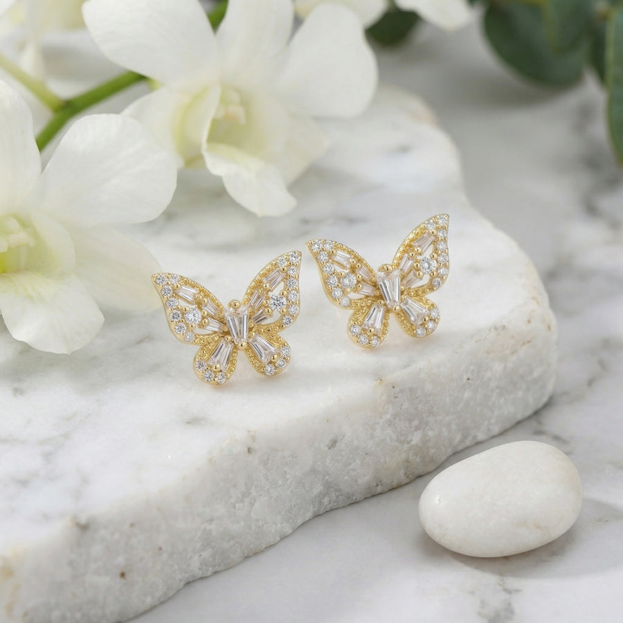 Butterfly Studs, Baguette and Round Cuts – sterling silver earrings, close-up