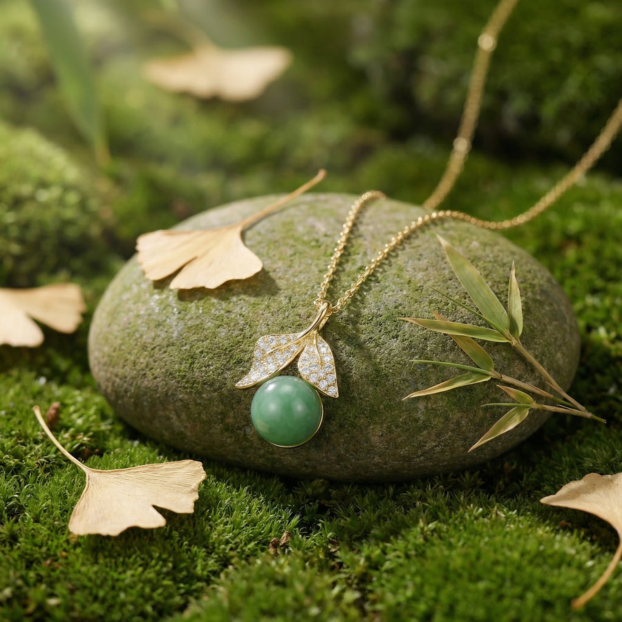 Green Jade Leaf Pendant, Round Cut – jade necklace, front view