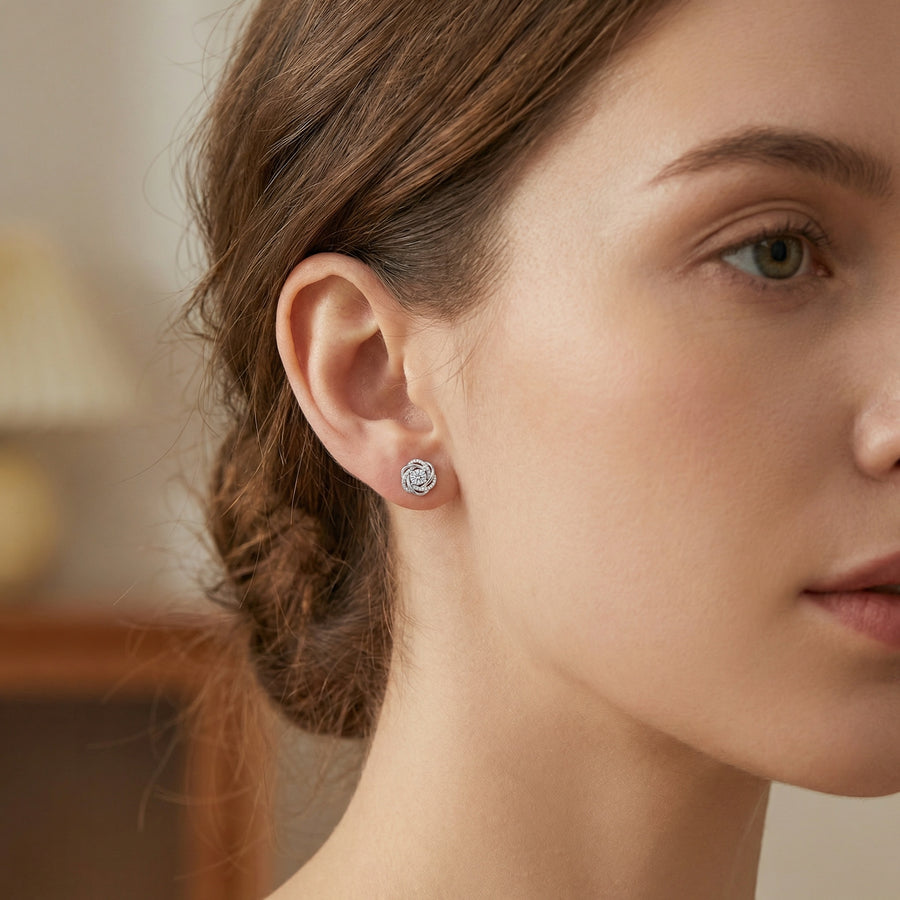 Floral Halo Sparkling stone Stud Earrings – sterling silver earrings, side detail