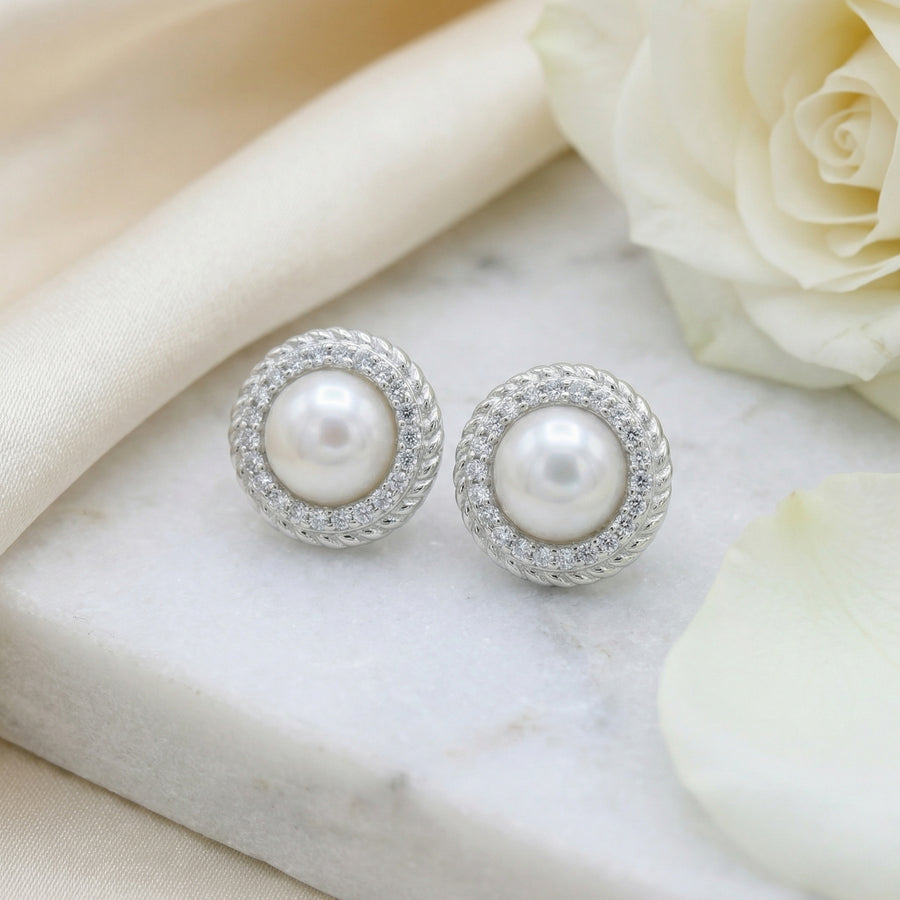 Pearl Halo Studs, Twisted Rope Detail – pearl earrings, front view