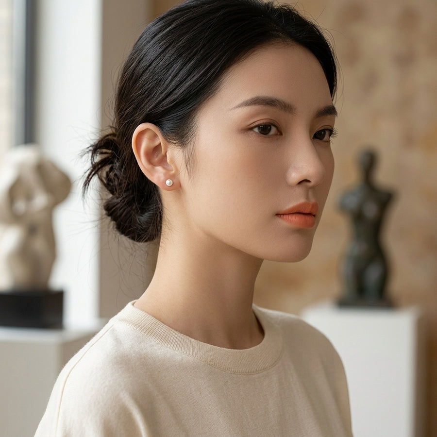 White Round Pearl Studs, Polished Finish – pearl earrings, front view