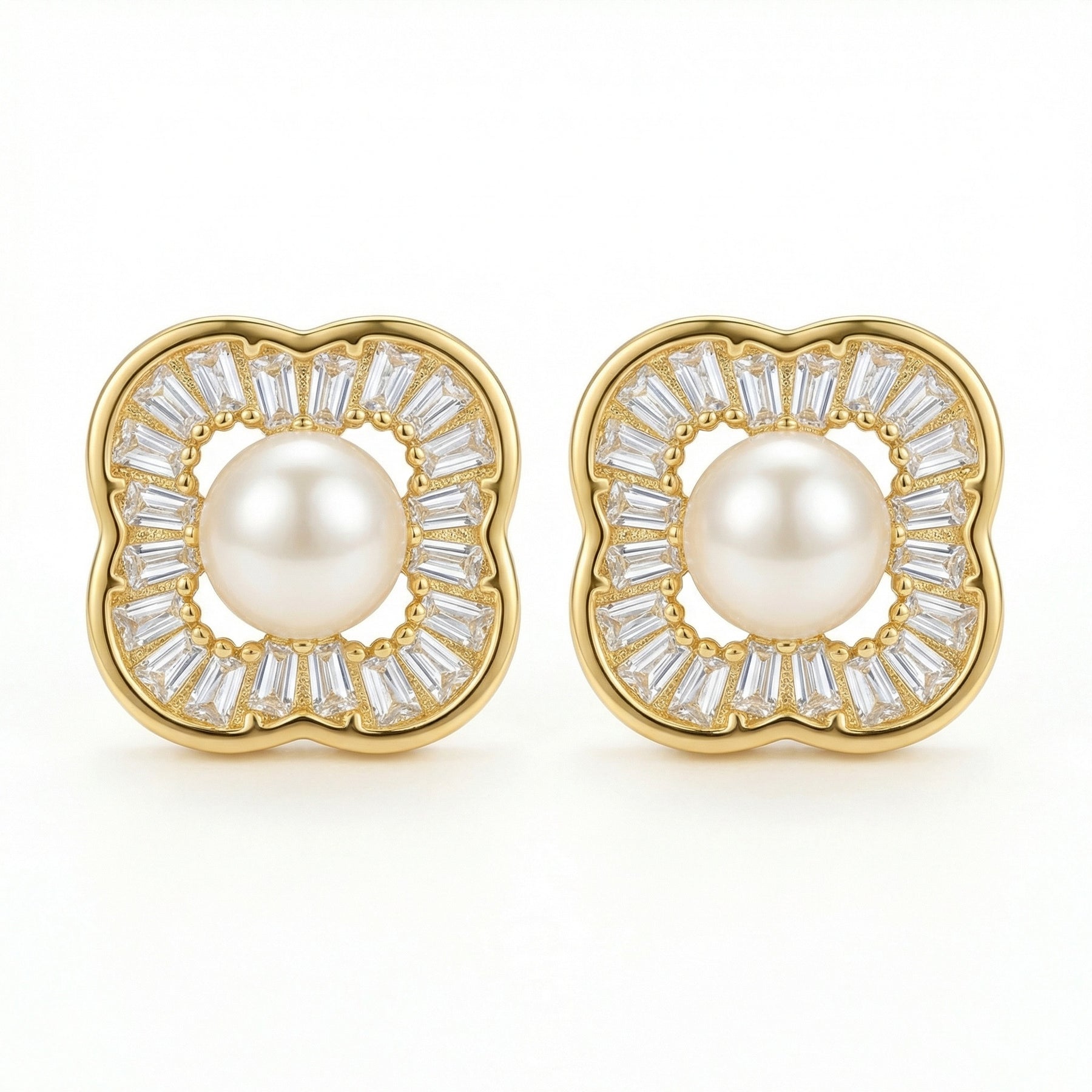 Pearl Studs, Baguette Quatrefoil Halo – pearl earrings