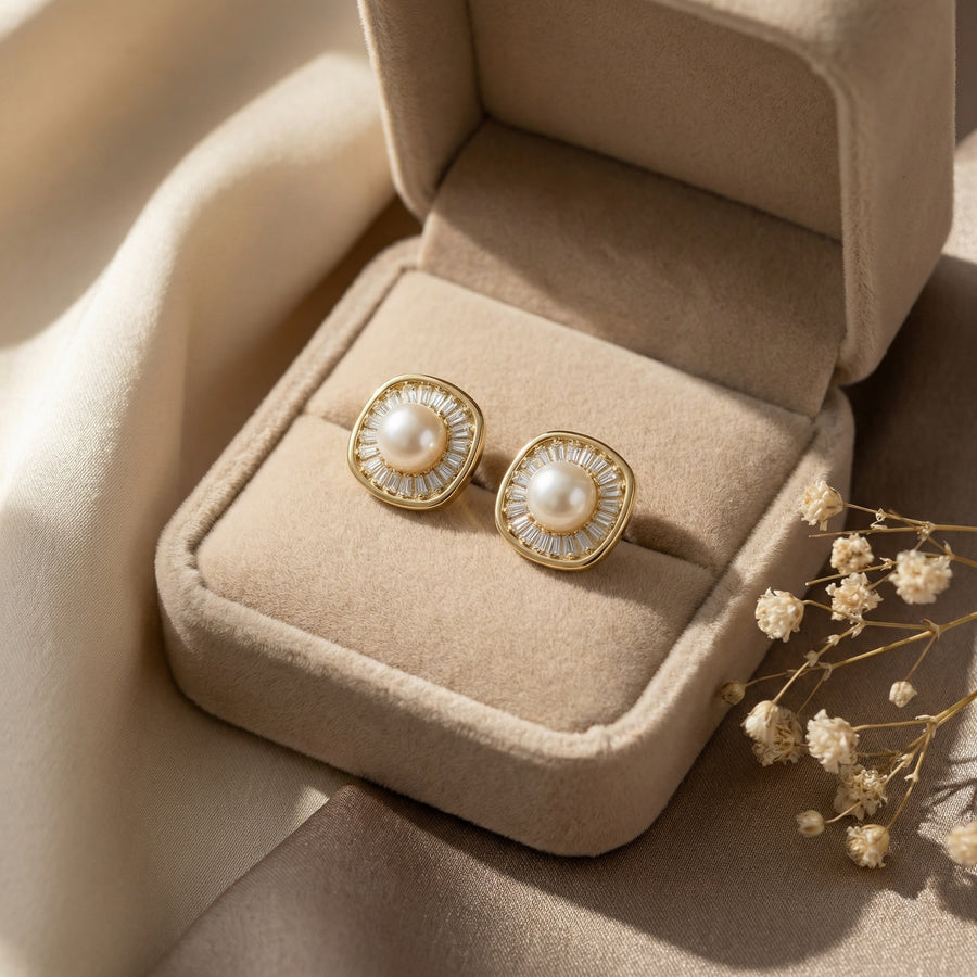 Pearl Studs with Baguette Halo – pearl earrings, close-up