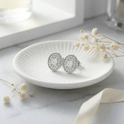 Oval Halo Princess-Cut Stud Earrings – sterling silver earrings, front view