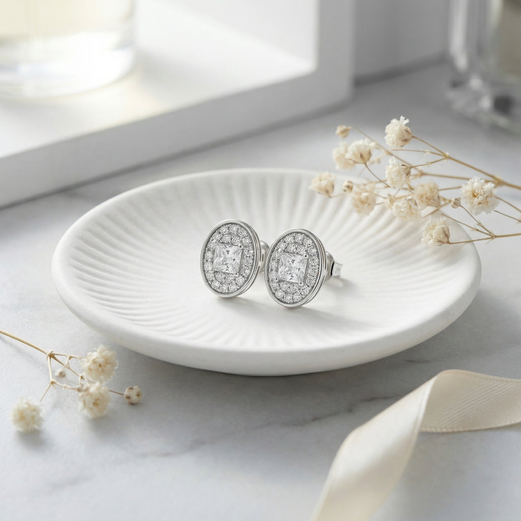 Oval Halo Princess-Cut Stud Earrings – sterling silver earrings, front view