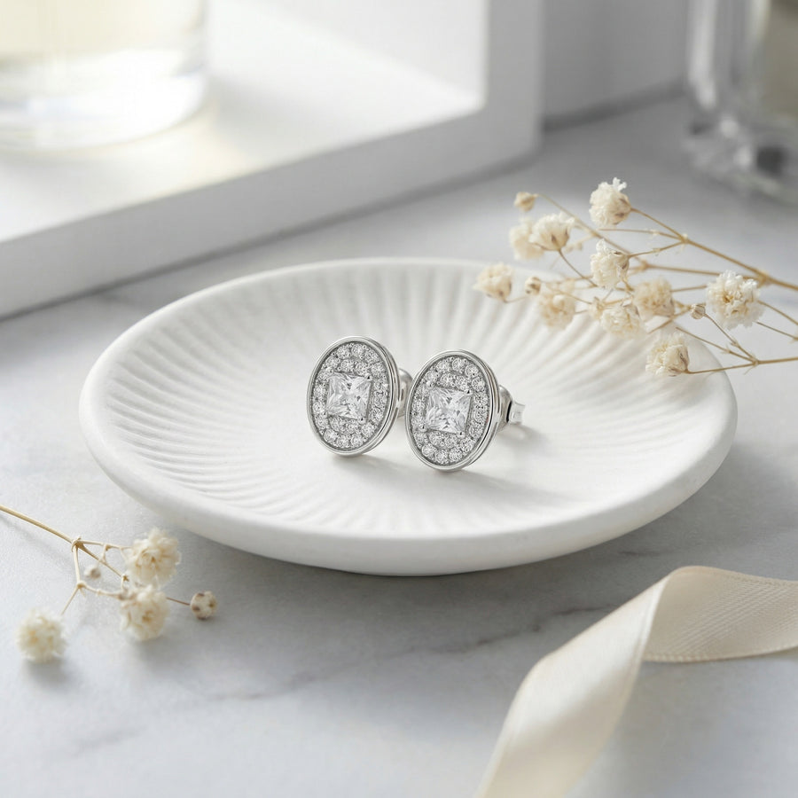 Oval Halo Princess-Cut Stud Earrings – sterling silver earrings, front view