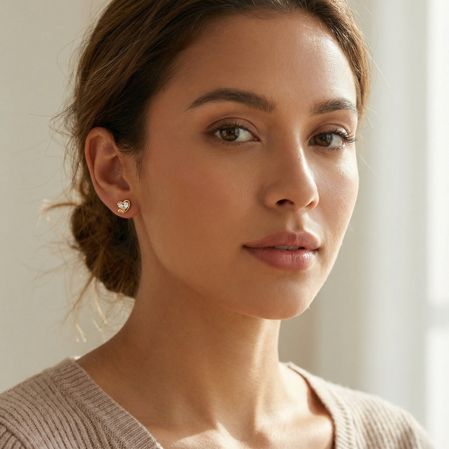 Double Heart CZ Stud Earrings – zircon earrings, side detail