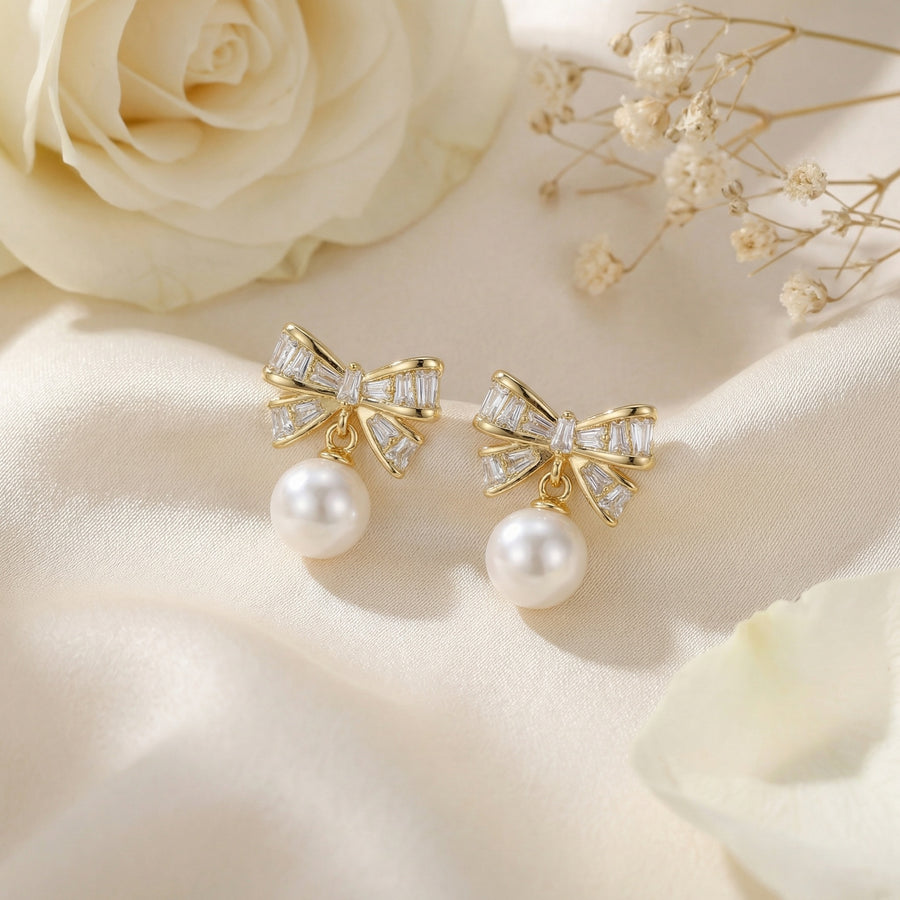 Crystal Bow and Pearl Dangle Earrings – pearl earrings, side detail