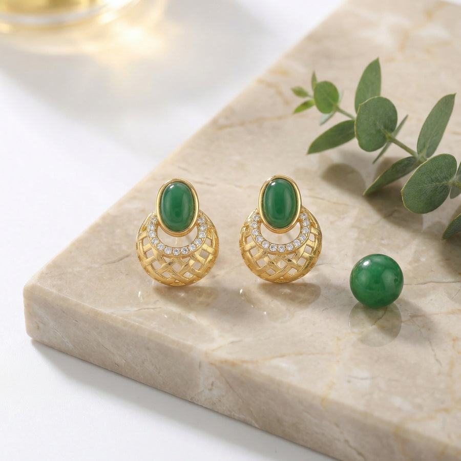 Oval Green Gemstone Lattice Studs – sterling silver earrings, front view