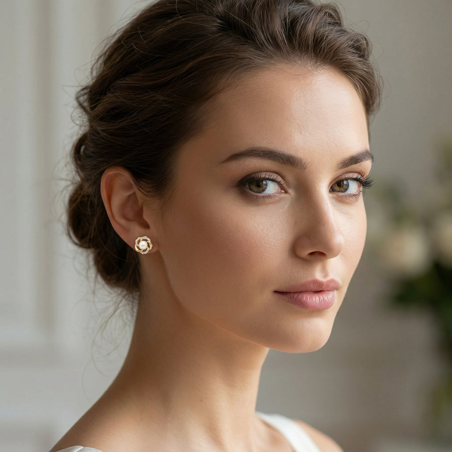 Floral Pearl Sparkling stone Accent Studs – pearl earrings, front view