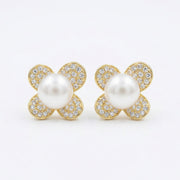 Pearl and CZ Floral Petal Studs – pearl earrings, front view
