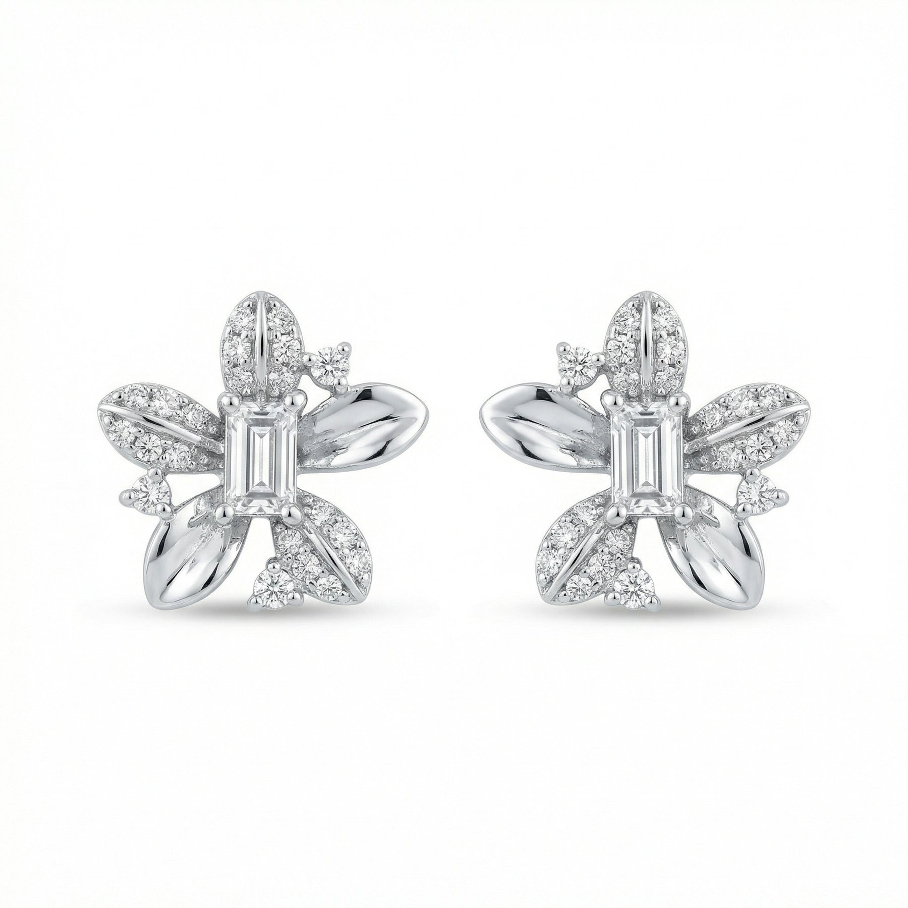 Rectangular-cut Floral Stud Earrings – sterling silver earrings, close-up