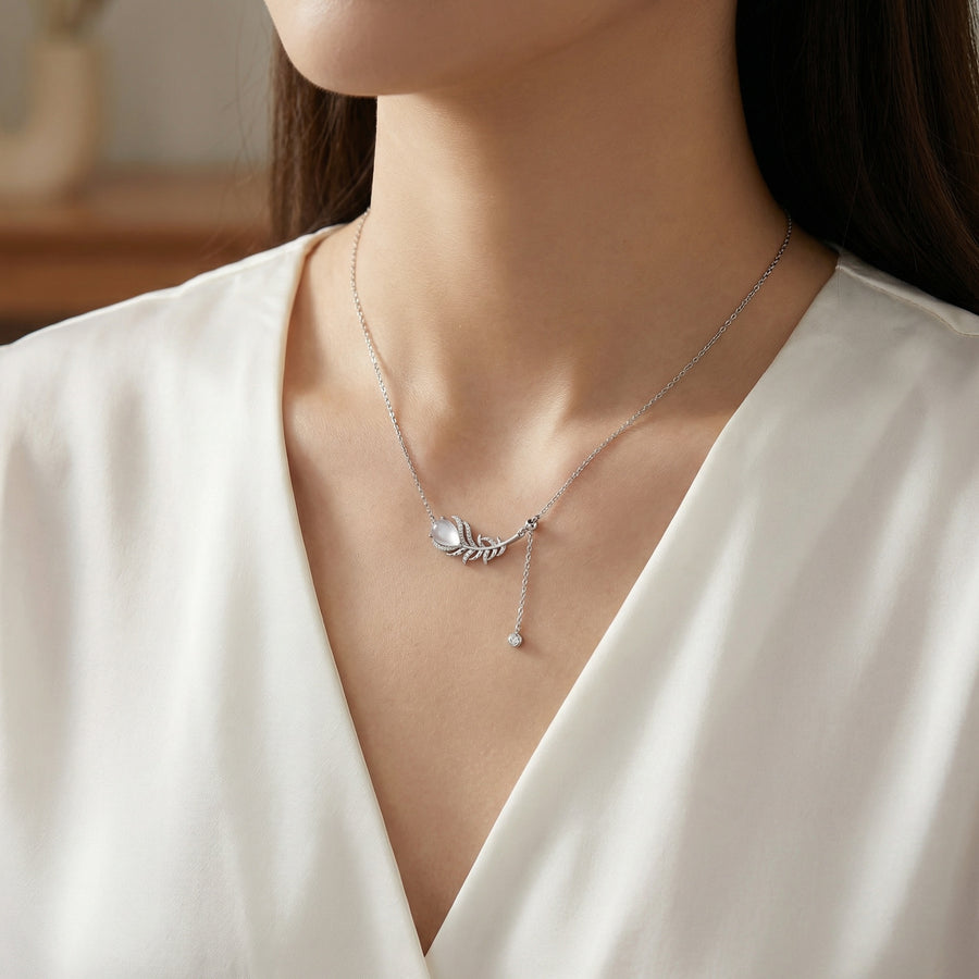 Feather Pendant Necklace with Moonstone – sterling silver necklace, side detail