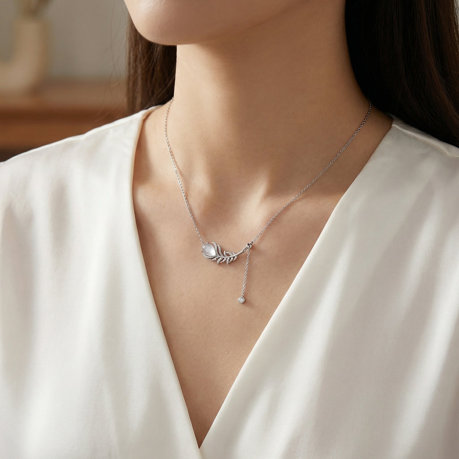Feather Pendant Necklace with Moonstone – sterling silver necklace, side detail