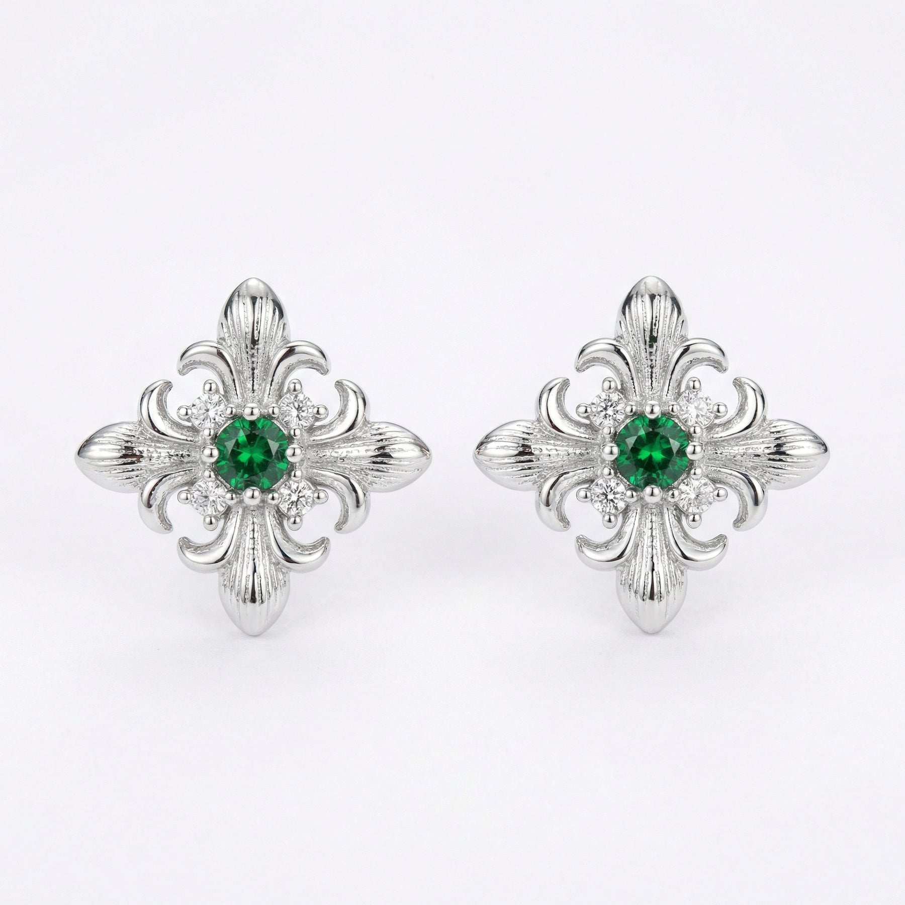 Vintage Fleur-de-Lis Green stone Studs – green stone earrings