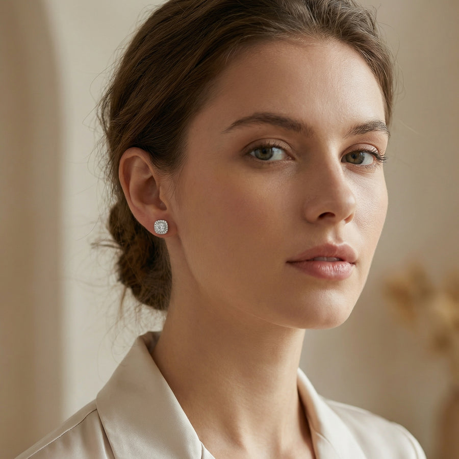 Cushion Halo Studs, White Finish – sterling silver earrings, front view