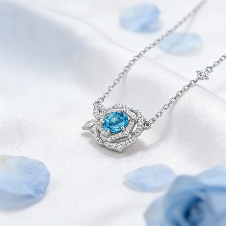 Rose-Inspired Blue Gemstone Necklace – sterling silver necklace, close-up