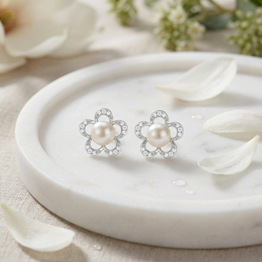Silver Flower Pearl Stud Earrings – pearl earrings, side detail