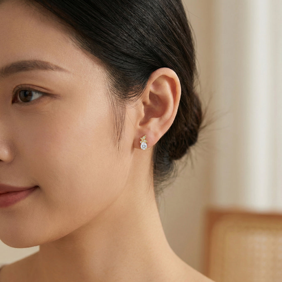 Pear-Shaped CZ Studs with Floral Accents – zircon earrings, close-up