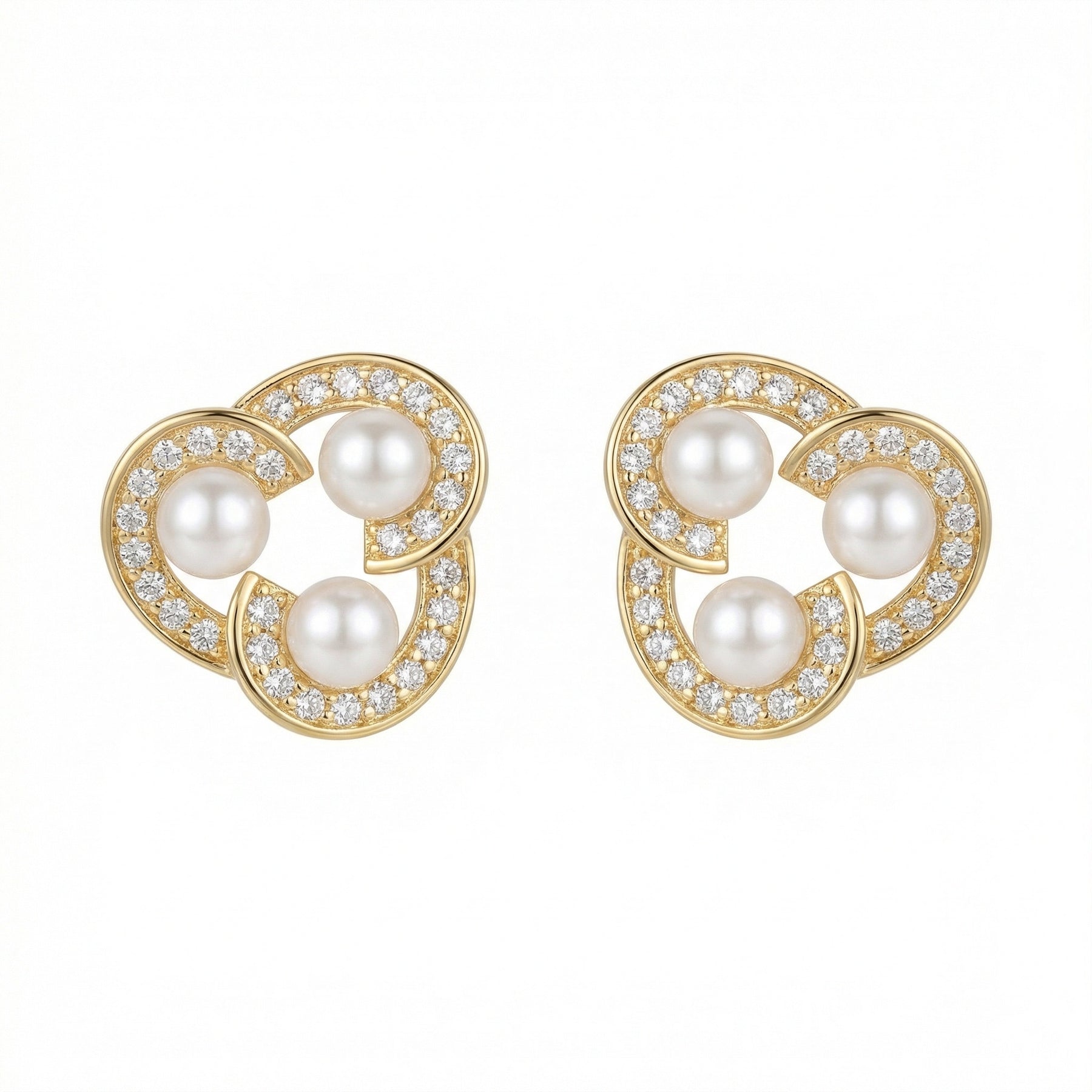 Triple Pearl Trefoil Stud Earrings – pearl earrings, side detail