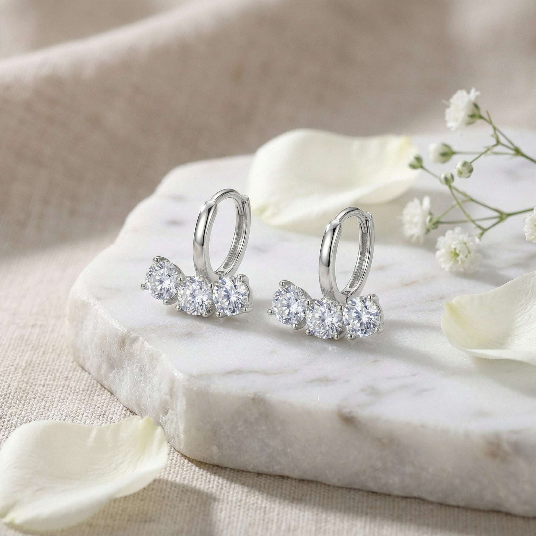 Three-Stone Silver Huggie Hoops – sterling silver earrings, side detail