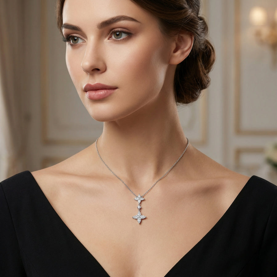 Marquise Floral Double Cluster Necklace – sterling silver necklace, side detail