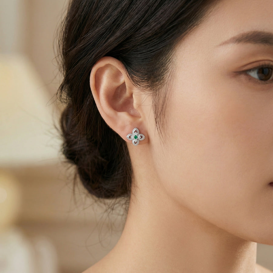 Green stone Floral Studs, Milgrain Detail – green stone earrings, side detail