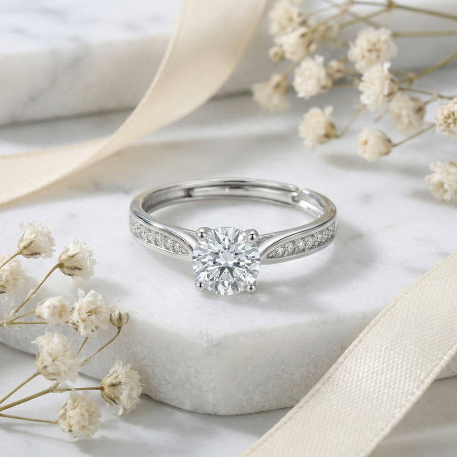 Round Solitaire Adjustable Ring – sterling silver ring, side detail
