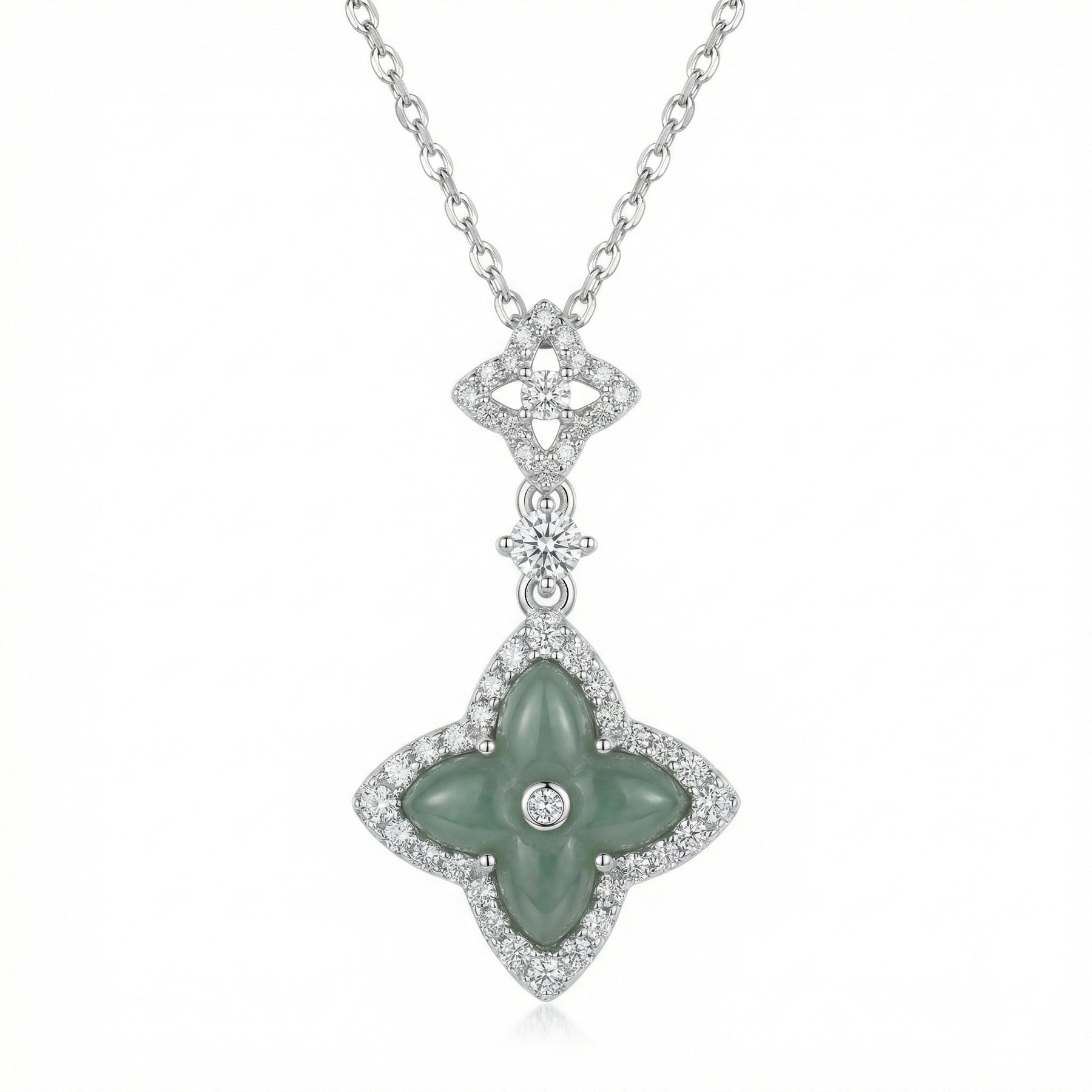 Jade Flower Clover Pendant Necklace – jade necklace, side detail