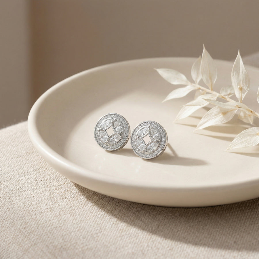 Circular CZ Halo Stud Earrings – zircon earrings, close-up