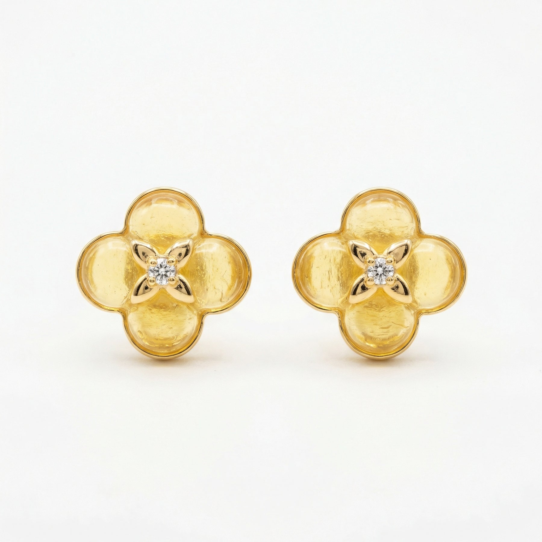 Citrine Clover Stud Earrings – sterling silver earrings, close-up