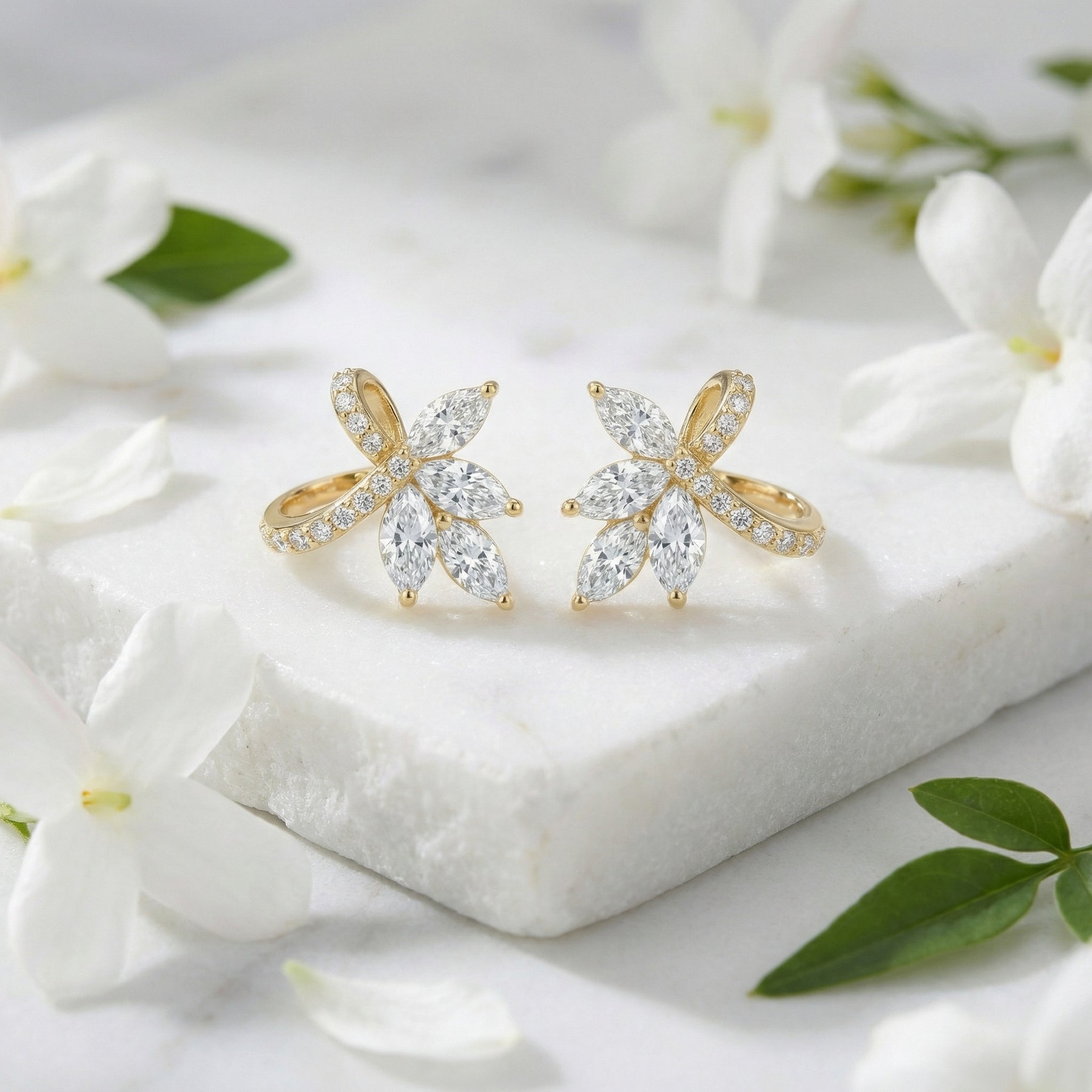 Floral Bow Marquise Stud Earrings – sterling silver earrings, close-up