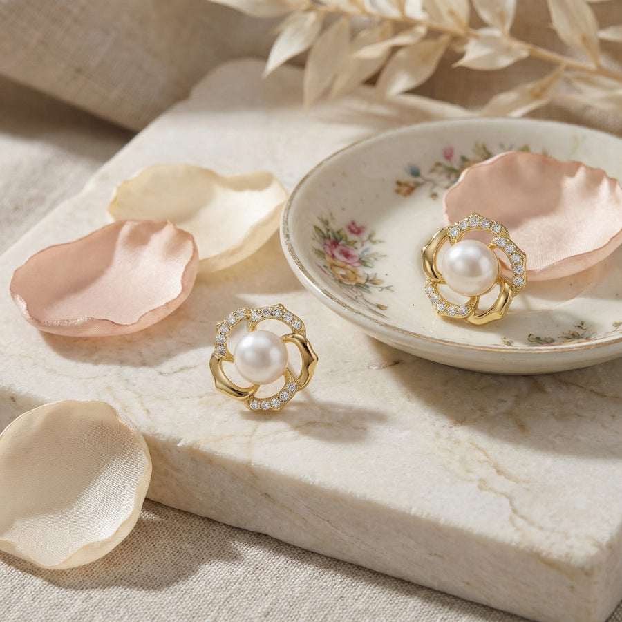 Floral Pearl Sparkling stone Accent Studs – pearl earrings, side detail