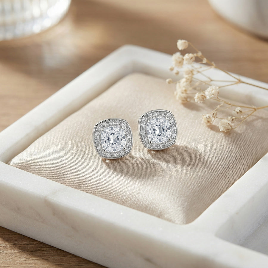 Cushion-Cut Halo Studs, White Finish – sterling silver earrings, front view
