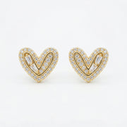 Sparkling stone Heart Studs, Baguette Accents – sterling silver earrings, close-up