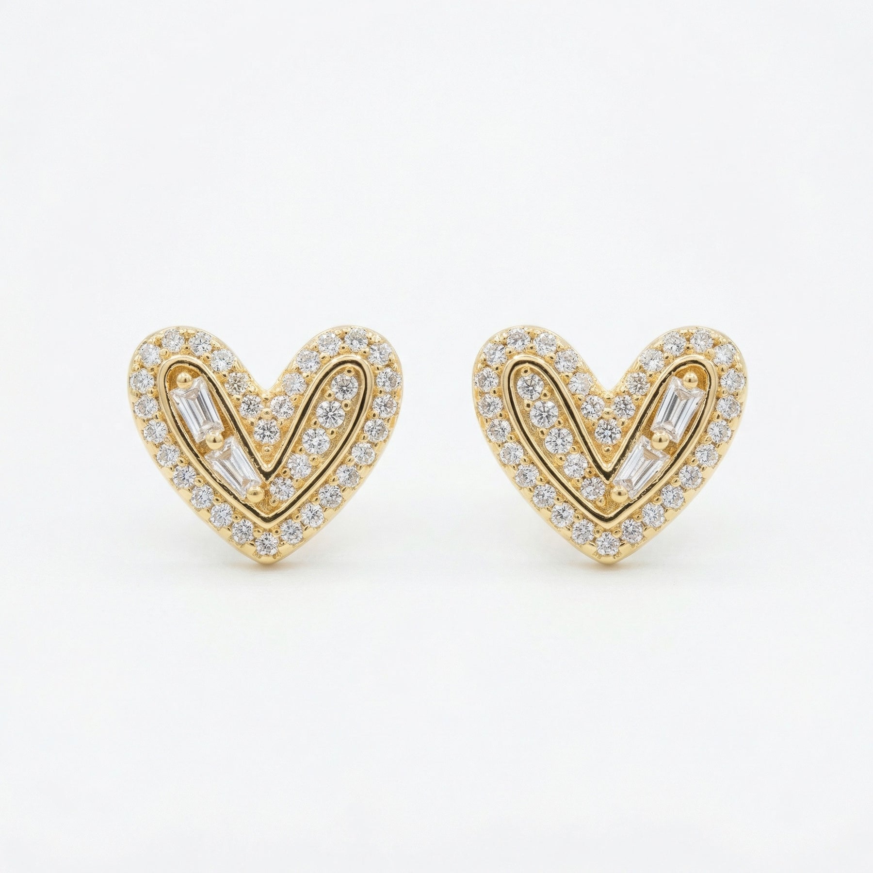 Sparkling stone Heart Studs, Baguette Accents – sterling silver earrings, close-up