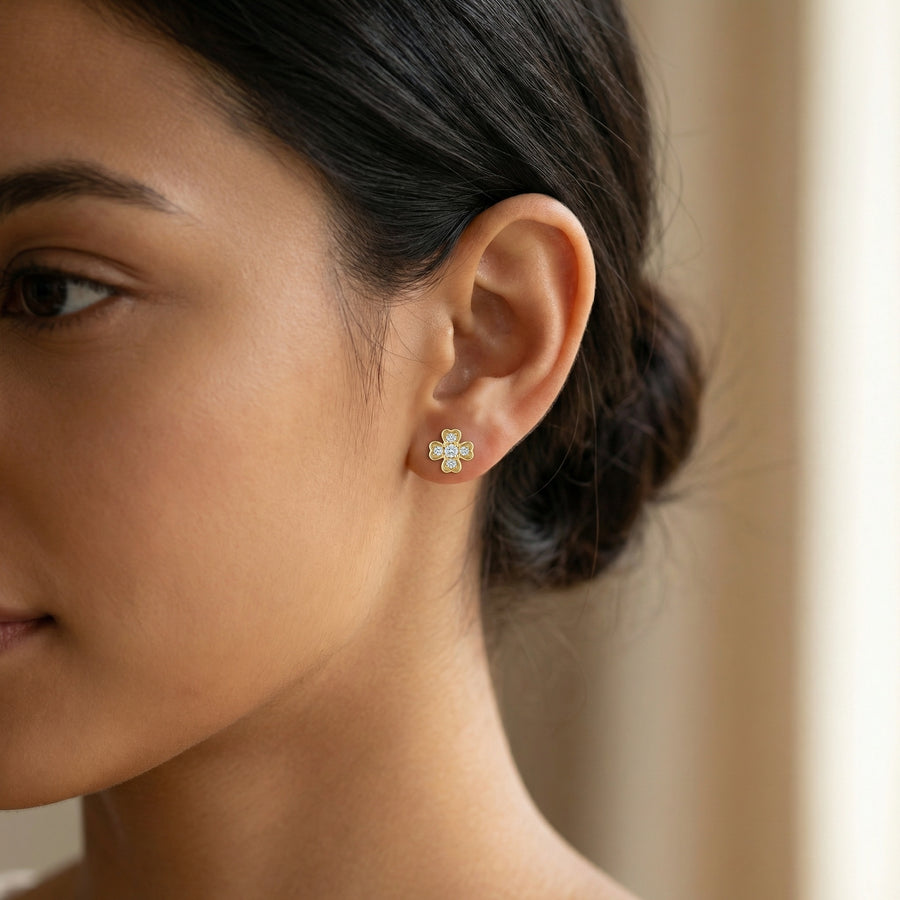 Clover-Shaped Sparkling stone Stud Earrings – sterling silver earrings, front view