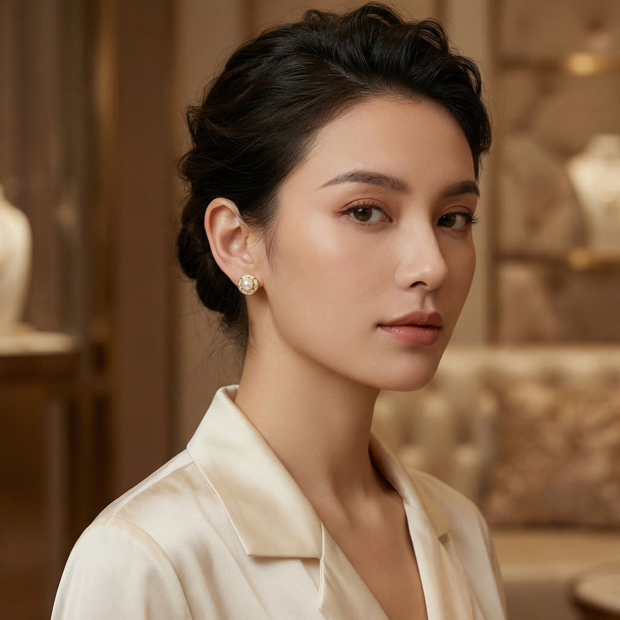 Scalloped Pearl Studs, Baguette Halo – pearl earrings, close-up