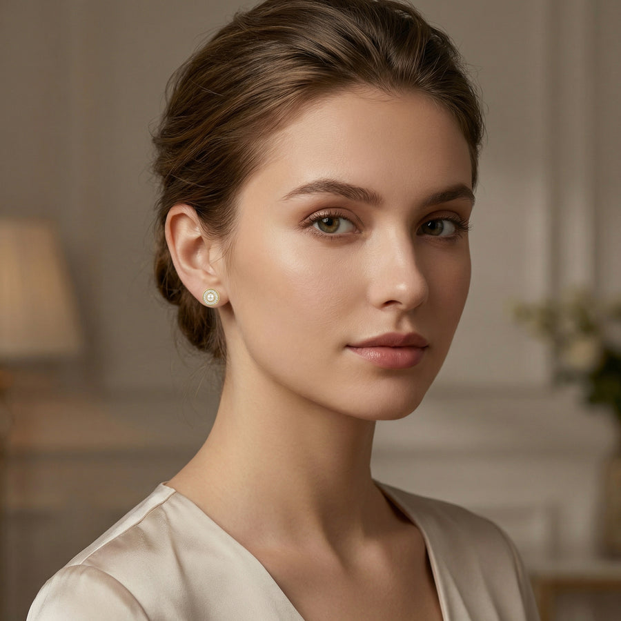 Pearl Sunburst Baguette Halo Studs – pearl earrings, side detail