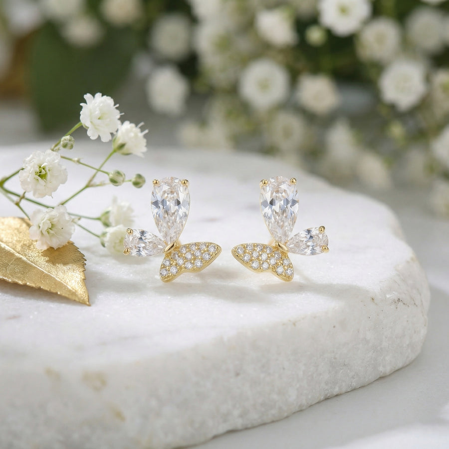 Butterfly Studs, Pear-Cut and Pavé – sterling silver earrings, front view
