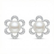 Silver Flower Pearl Stud Earrings – pearl earrings, front view