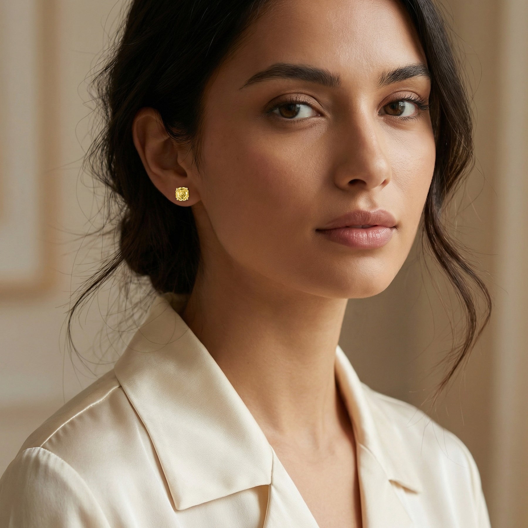 Radiant-Cut Canary Gemstone Studs – sterling silver earrings, close-up