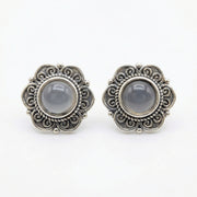 Floral Studs with Grey Cabochon Stones – sterling silver earrings, side detail