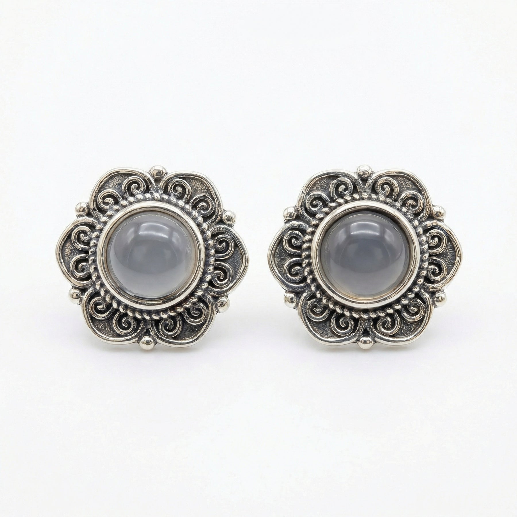 Floral Studs with Grey Cabochon Stones – sterling silver earrings, side detail